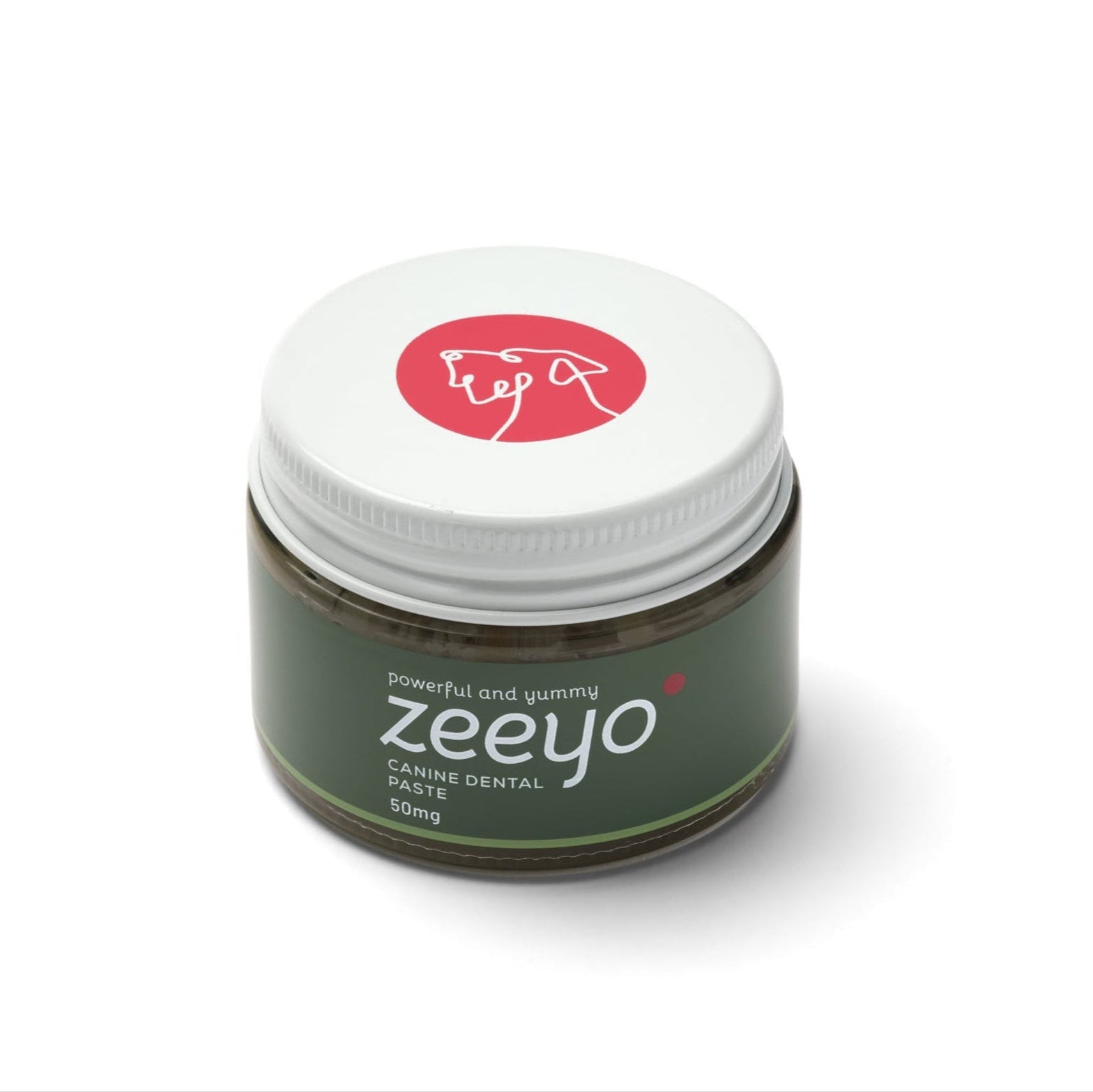 A jar of Zeeyo toothpaste for dogs with a white lid and a label that includes the brand name and the word 'GUT-SAFE'.