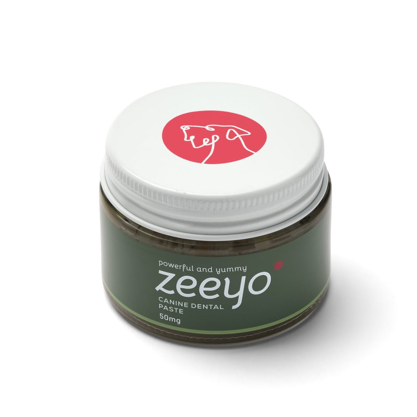 A studio product shot of the Zeeyo Canine Dental Paste in a premium glass jar with a white lid. The label is a deep sage green featuring the minimalist white Zeeyo logo and 'powerful and yummy' tagline, with a distinctive red circular dog-line-art icon on the cap
