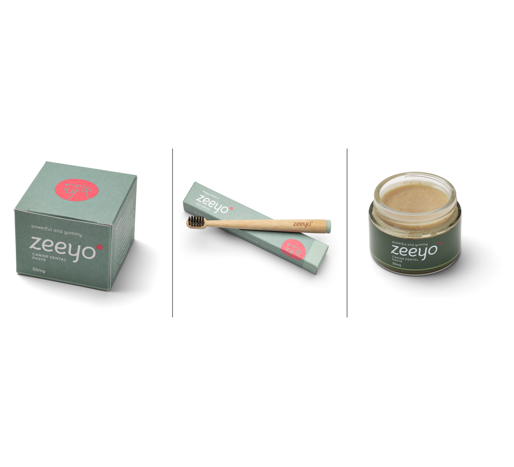 A three-panel composite image of Zeeyo dog dental products. The left panel shows the sage green 'Canine Dental Paste' box; the center panel features the bamboo toothbrush resting on its packaging; the right panel shows an open glass jar of the creamy, natural dental paste. All panels highlight the minimalist, premium branding.