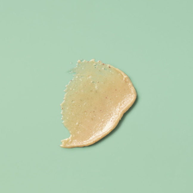 A close-up texture swatch of Zeeyo natural dog toothpaste smeared on a sage green background. The swatch reveals a thick, creamy, beige-colored paste with visible fine botanical flecks, highlighting its waterless and grit-balanced formula